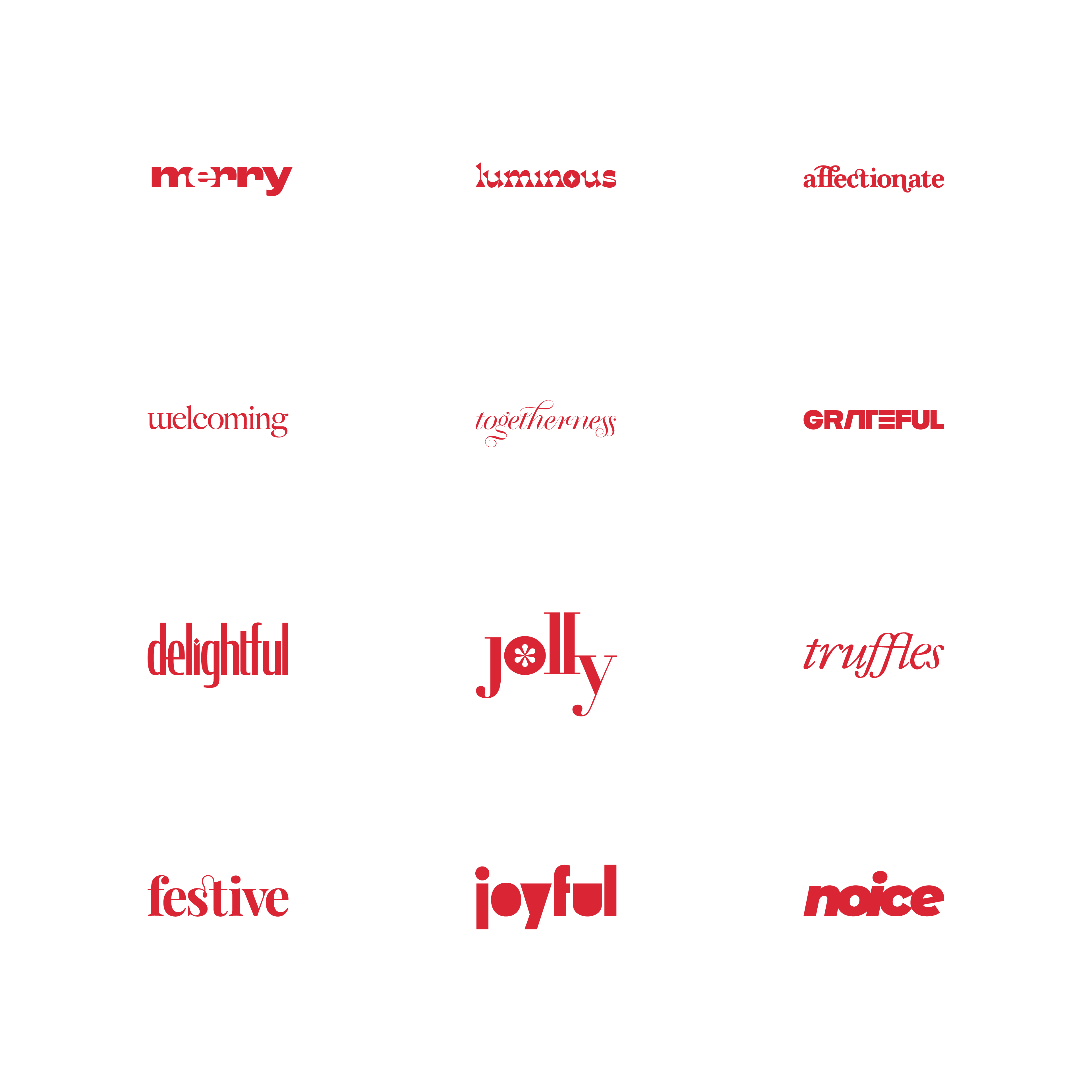 The 12 designs shown in red and white. The words are: merry, luminous, affectionate, welcoming, togetherness, grateful, delightful, jolly, truffles, festive, joyful, and noice.